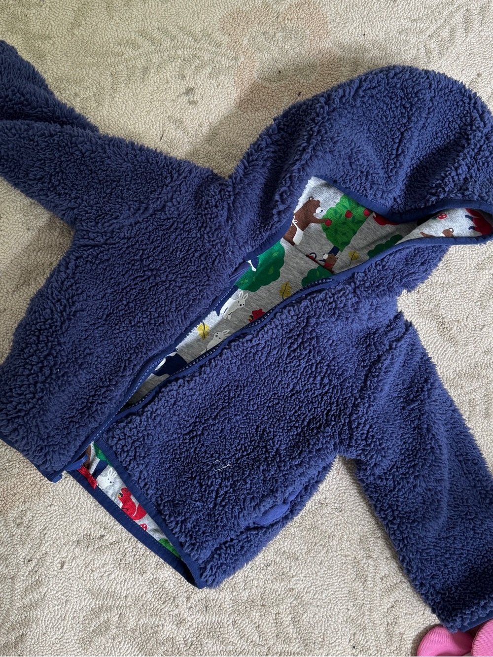 Reversible Navy Blue Fuzzy Hooded Baby Jacket with Patterned Lining